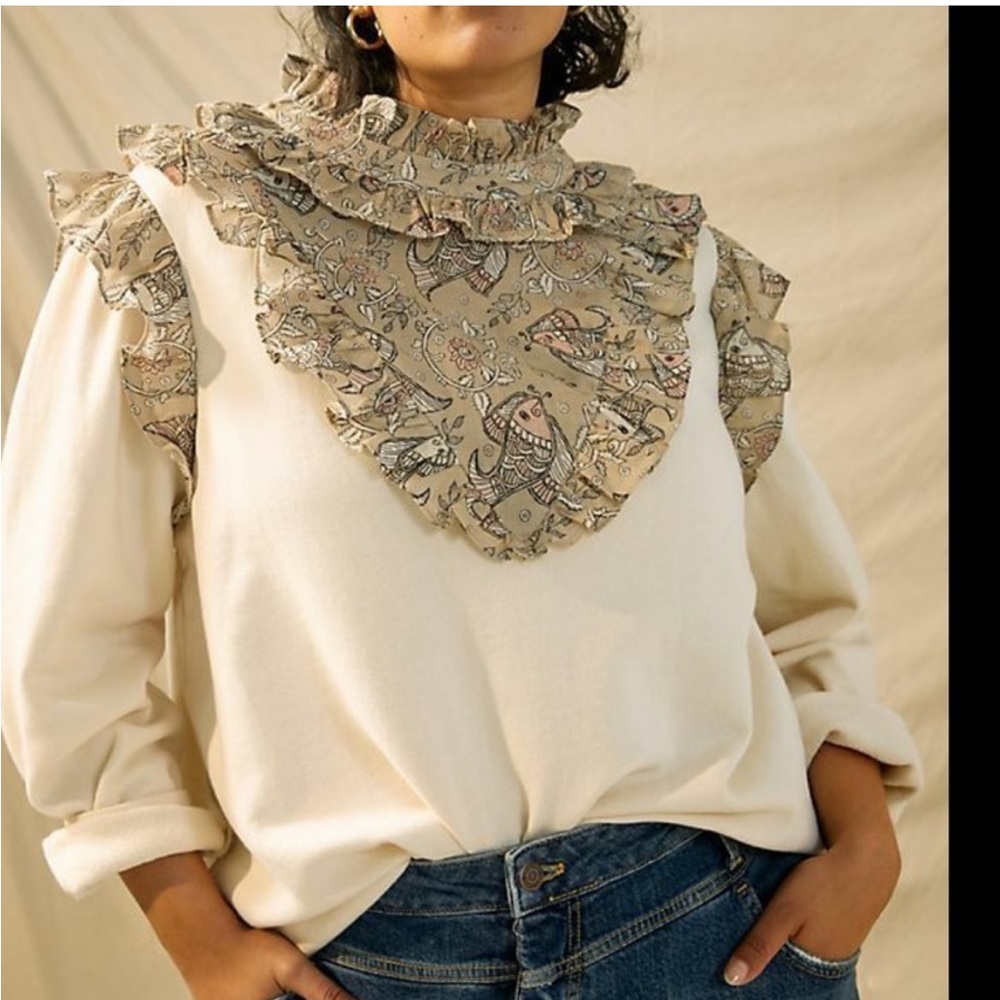 Anthropologie block print ruffled Let me be sweater top